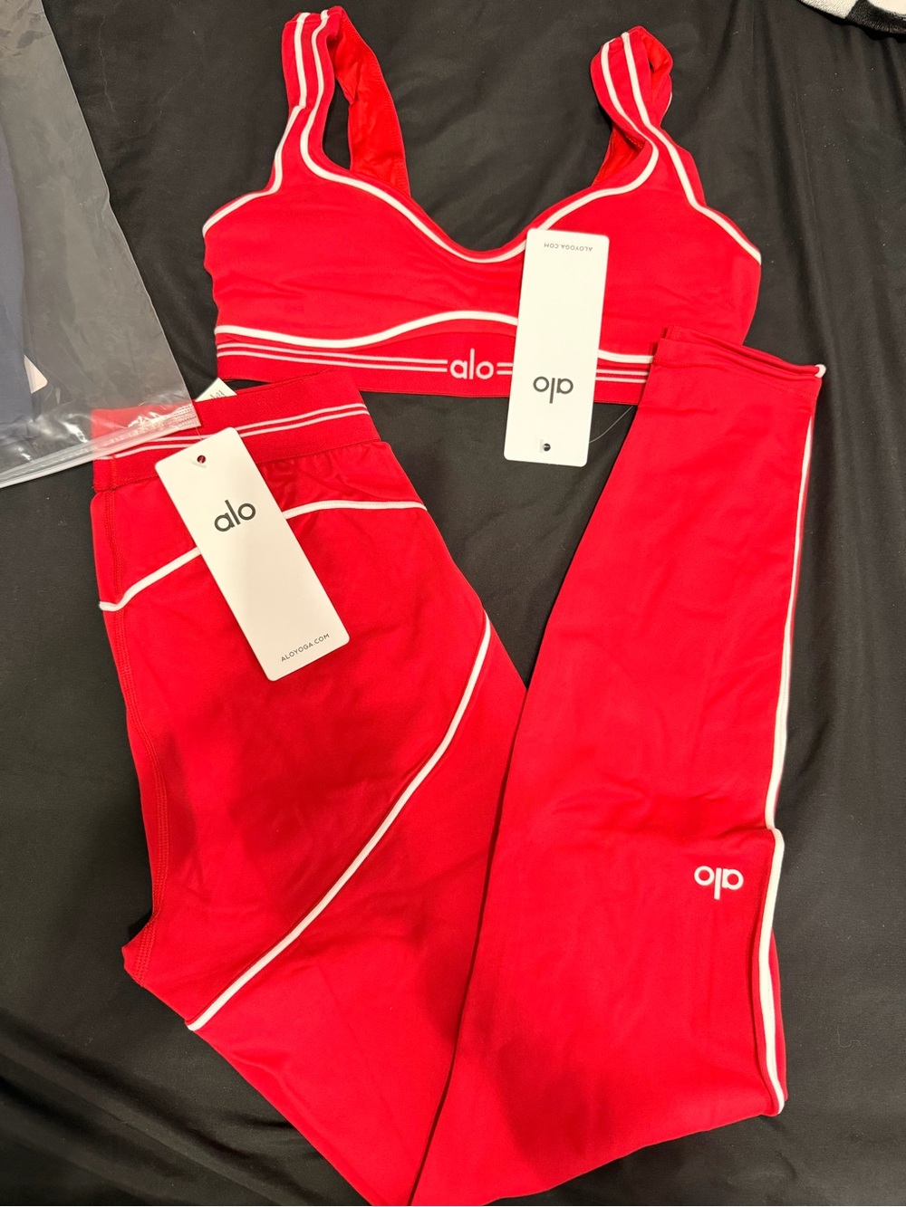 ALO Yoga Red Sports Bra & Legging Set with White Piping
